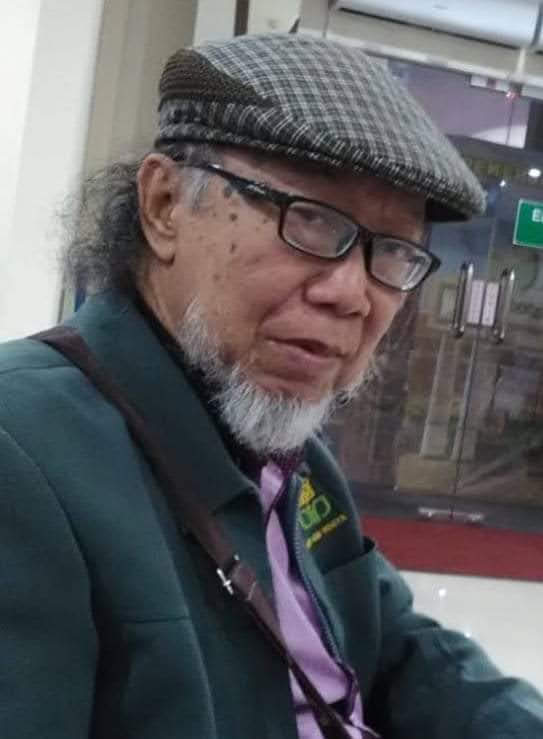 Portrait of an older man with glasses and a gray beard wearing a checkered flat cap green jacket and purple shirt indoors